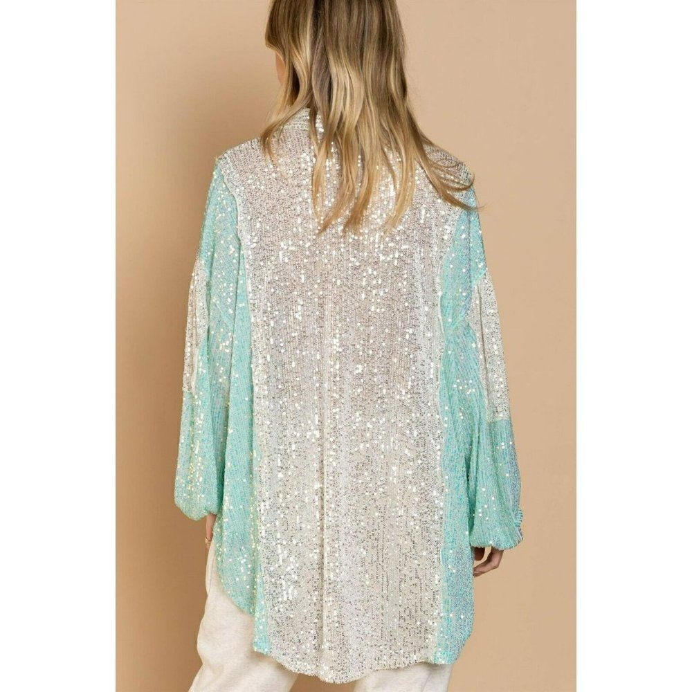 SALE! POL CLOTHING Sequin Block Sleeve Button Up Top in White and Aqua SMT2045 - Picture 4 of 7
